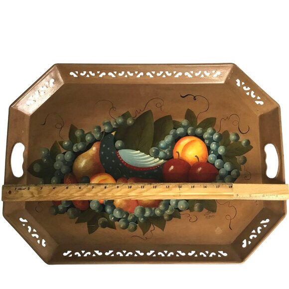 VTG Hand Painted Tin Serving Tray Fruit Grapes Bird Signed Joan 22" x 16" Heavy - Picture 3 of 7